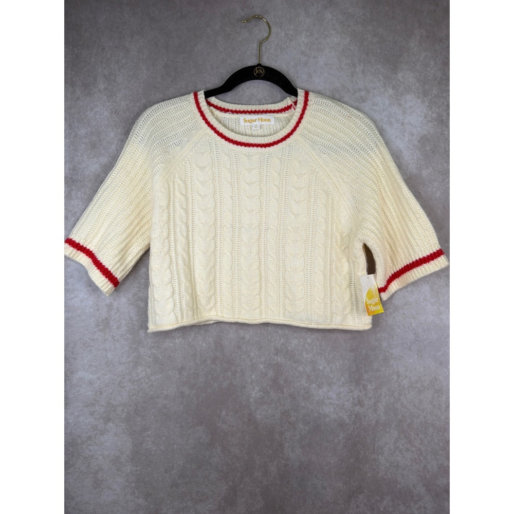 NWT Sugar Moon Sweater Womens Small Egret‎ Cream Cable Knit Cropped Red